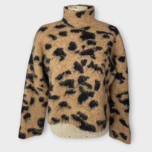 Commense Leopard Fuzzy Sweater Wool Blend Mock Neck Mohair Animal Print Size S